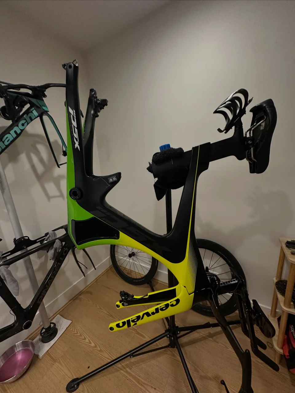 Cervélo P5X frame stripped down in a workshop stand