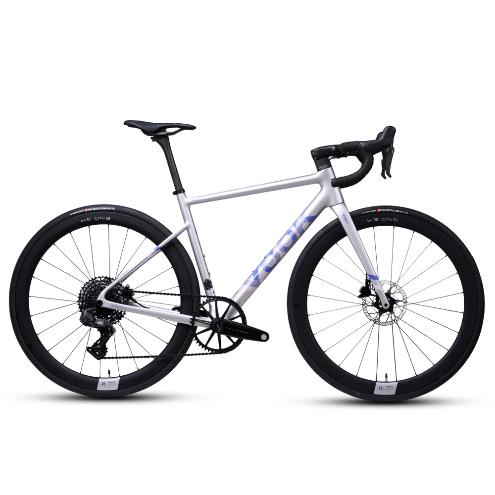 Silver VOOK V8e Pro carbon road bike with a carbon wheelset