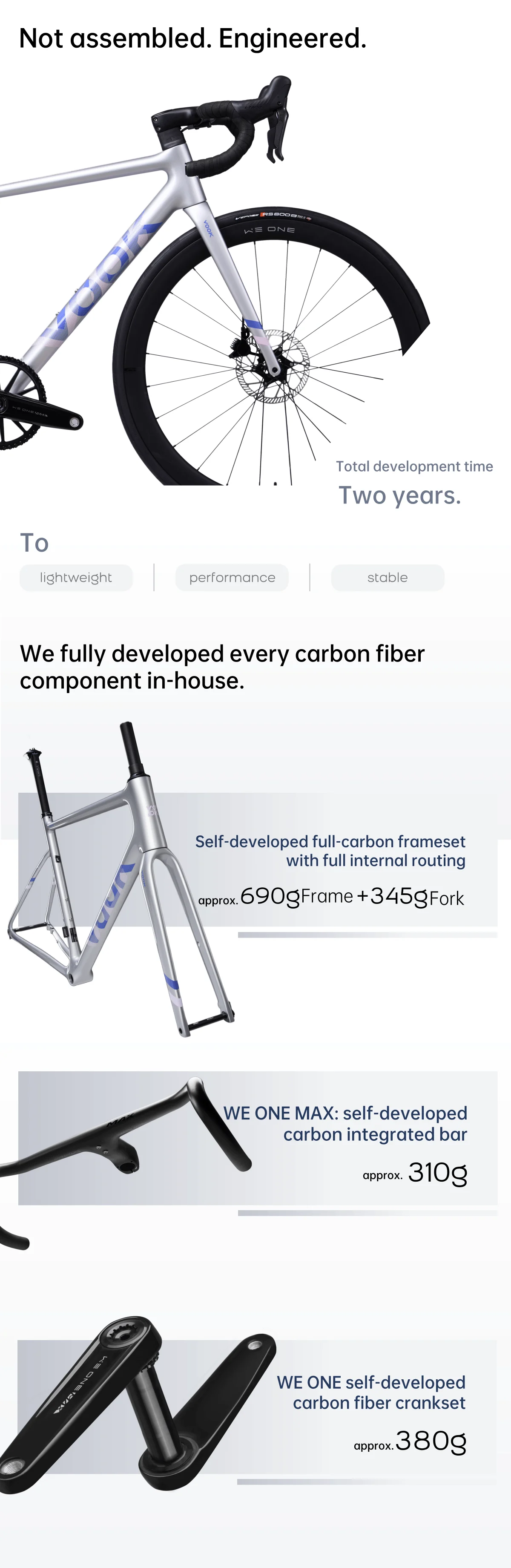Official VOOK frame, integrated handlebar and carbon crank information