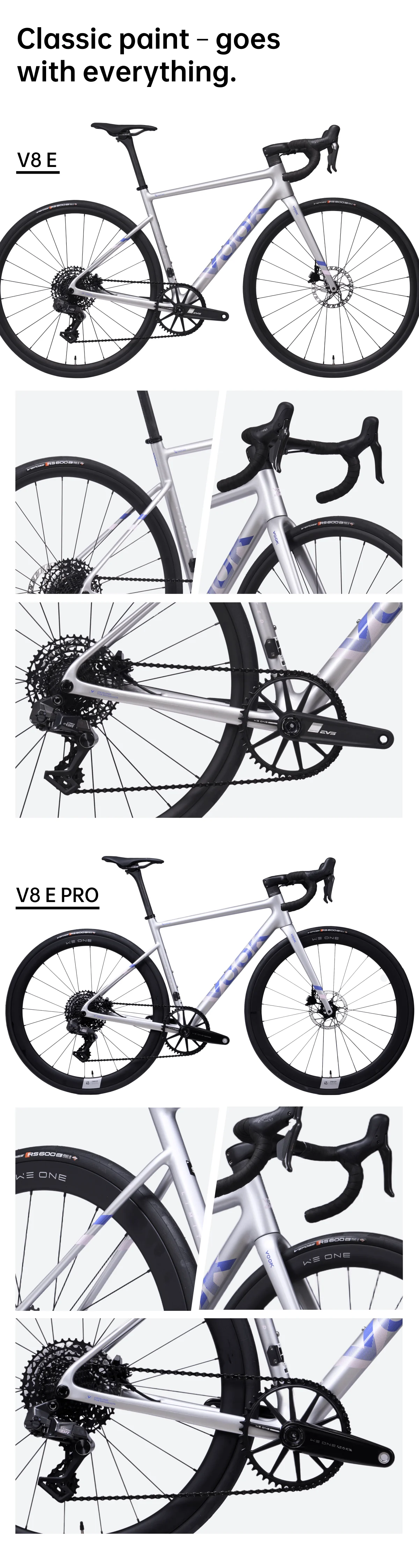 Official VOOK gallery showing the V8e and V8e Pro, their cockpit, wheels and drivetrains