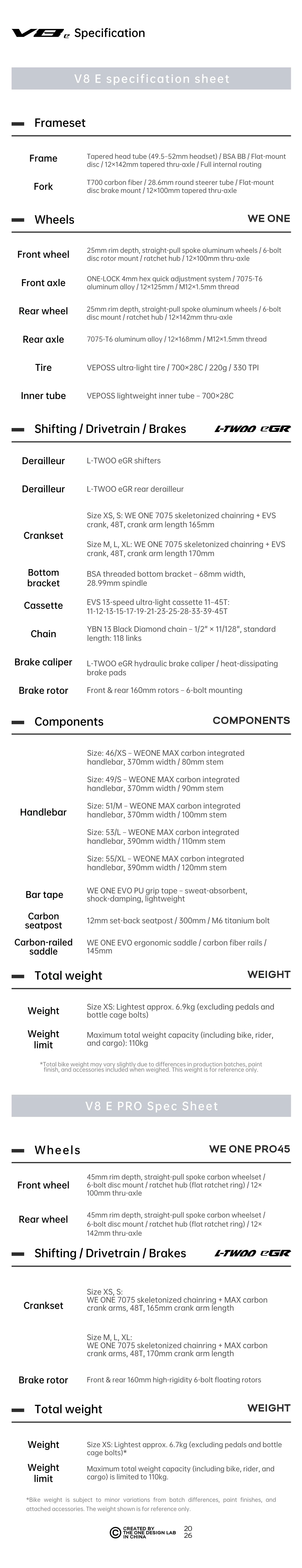 Manufacturer specification sheets for V8e and V8e Pro, including frame, wheels, drivetrain, brakes, components and qualified weights