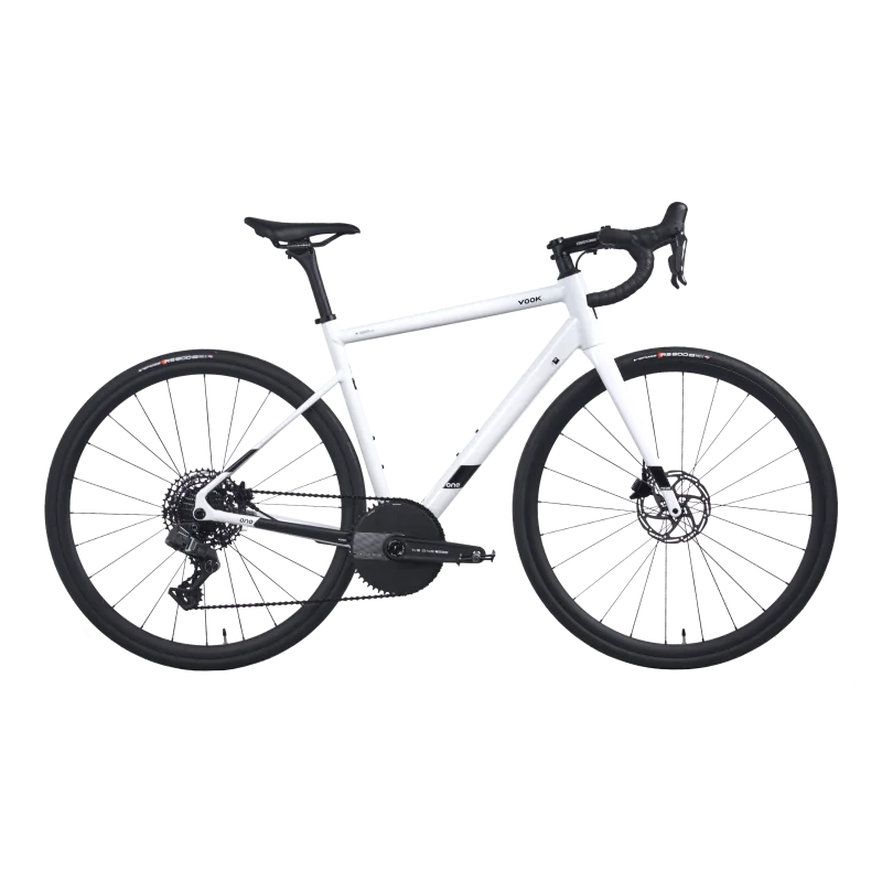 White VOOK One 3.0 complete road bike, drivetrain side